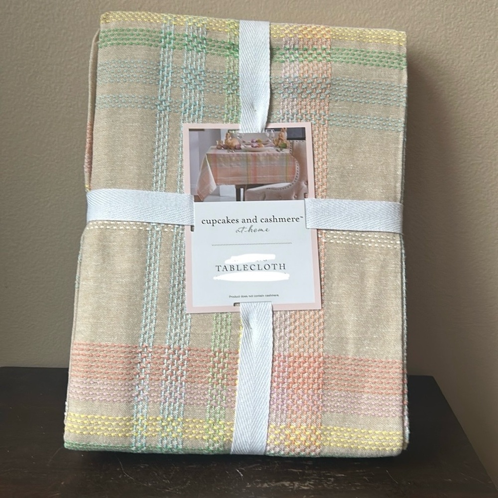 Cupcakes & Cashmere Tablecloth 60”x84” Easter Plaid Pastel Stitch Design  New
